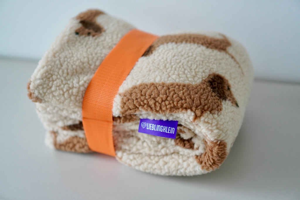 PLACE Hundedecke Dackel gefaltet mit orangenem Tragegurt für unterwegs