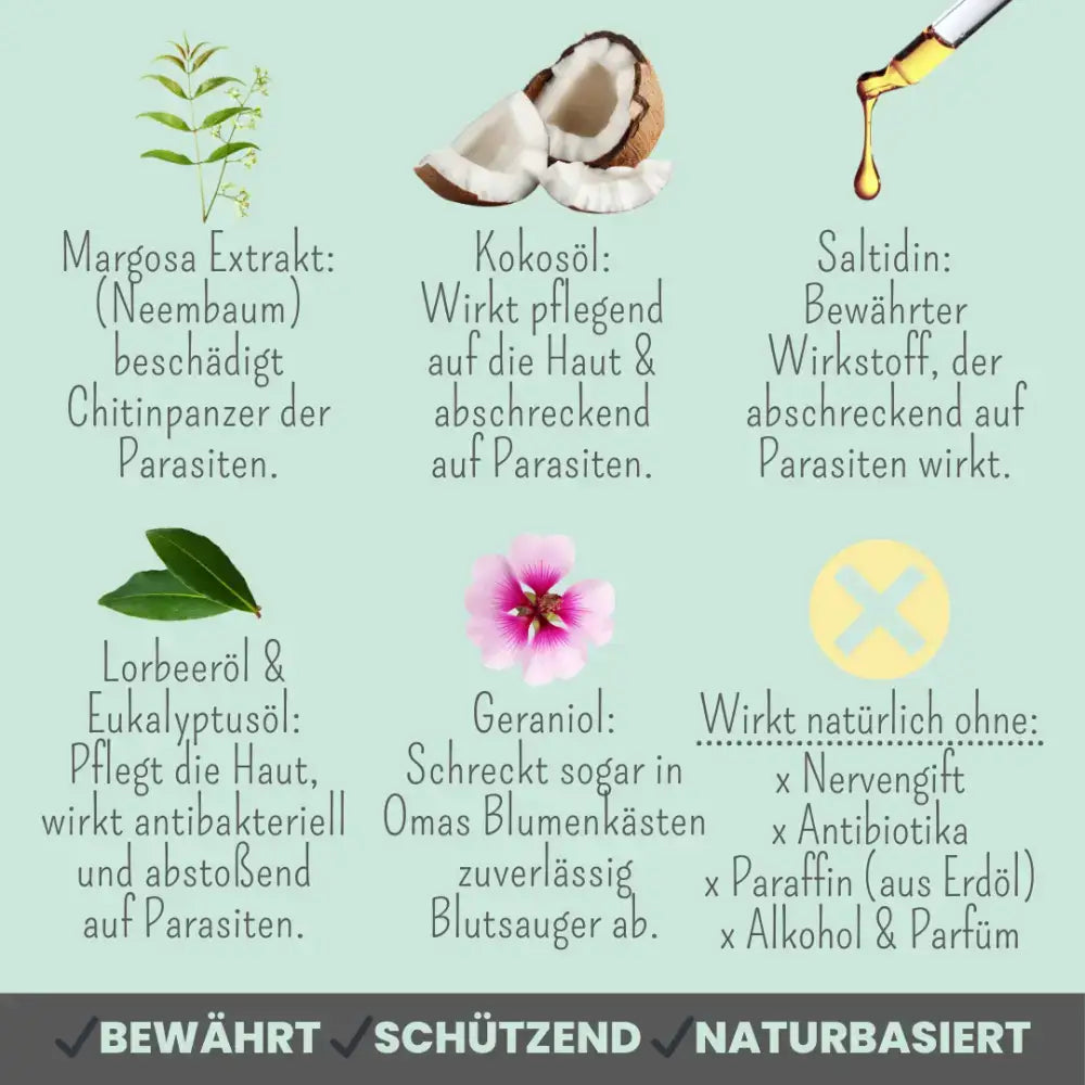 Anti-Zeckenspray für Hunde mit Geraniumöl, Eukalyptusöl und Niemöl – natürlicher Schutz ohne Chemikalien.