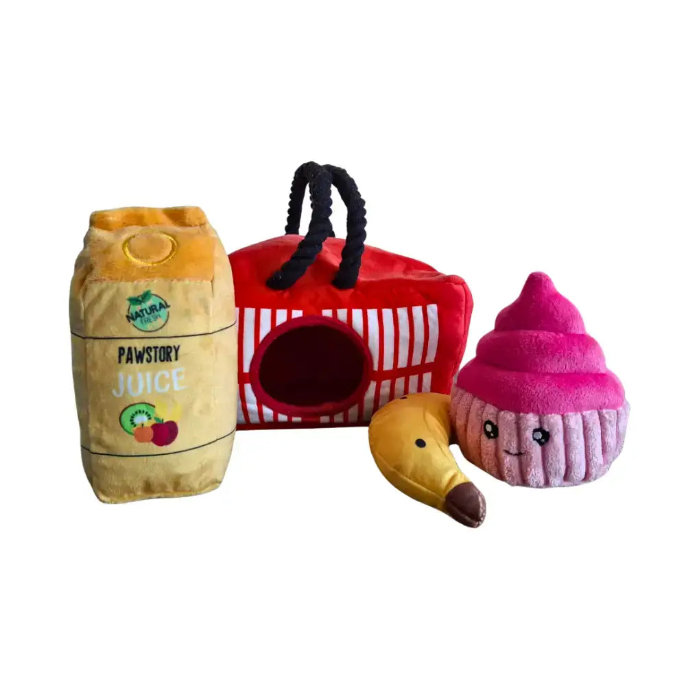 Einkaufswagen-inspiriertes Hundespielzeug mit weichen Stoffen und süßem Design.