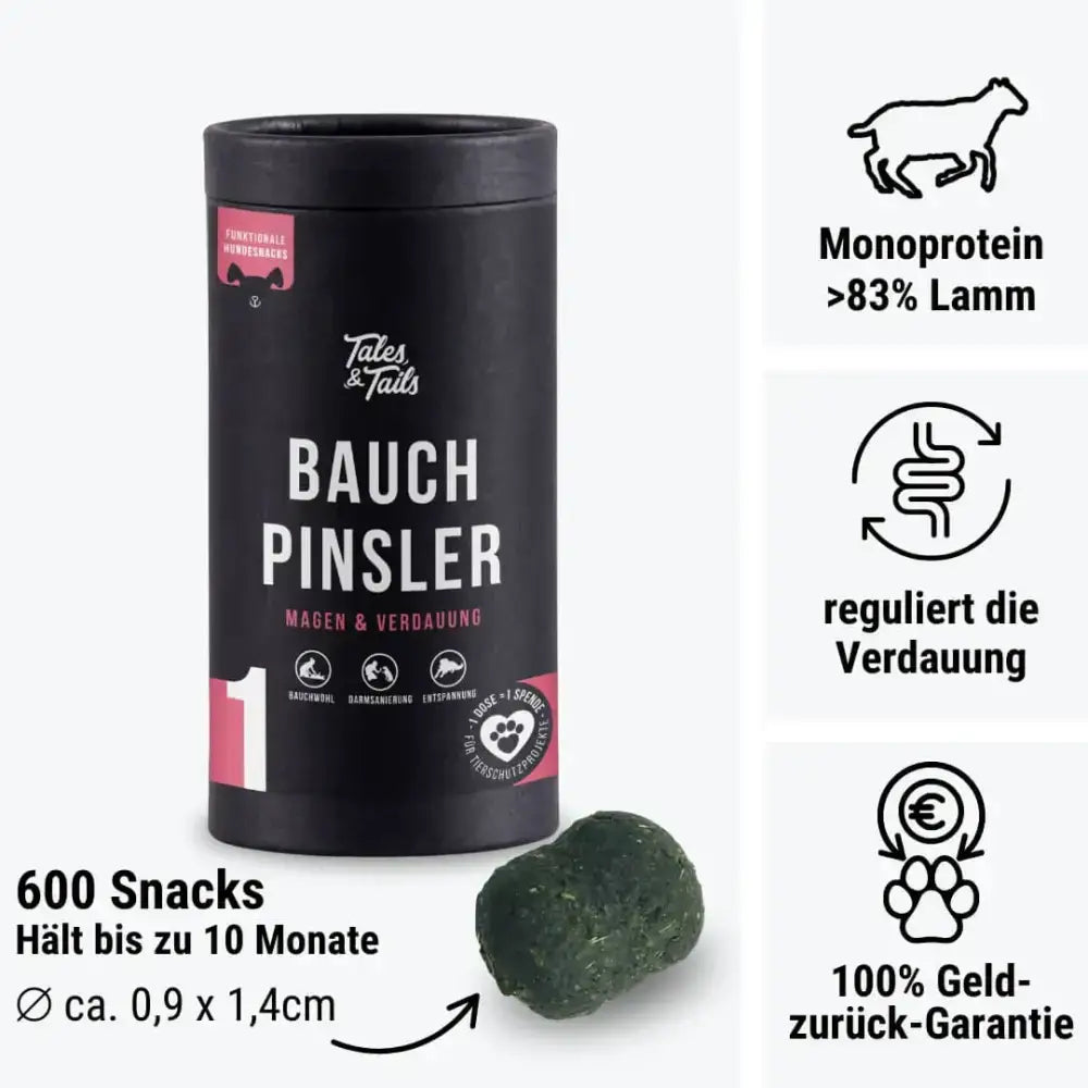 Geöffnete Dose Bauchpinsler – Sicht auf den natürlichen Mix aus feinem Lamm, Kräutern und Bauchhelfern