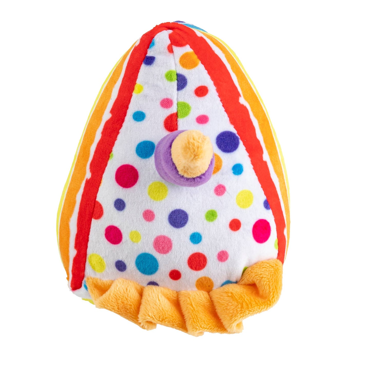 Birthday Cake Slice von oben – bunter Regenbogenkuchen mit Quietscher