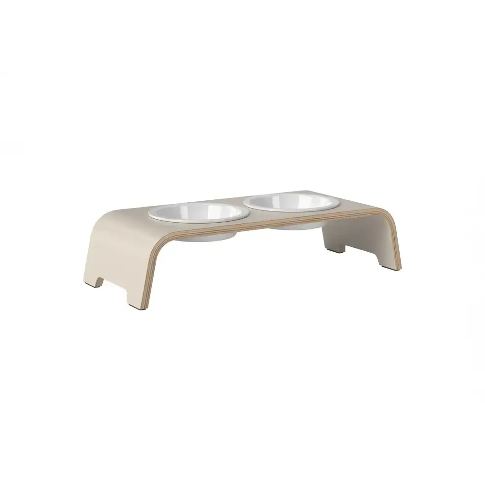 DogBar S-large Futterstation in Cashmere Grey – stilvolle, erhöhte Futterstation für kleine Hunde mit hochwertigen Porzellannäpfen und nachhaltigem Holzkorpus.