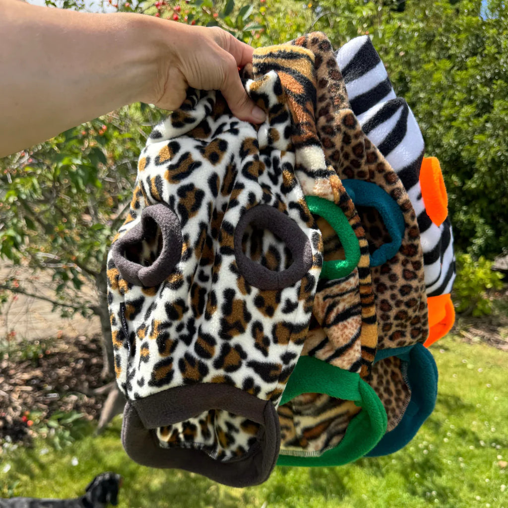 Doghouse Dackel Fleecepullover – Tiermuster Leopard, Tiger, Zebra, Gepard