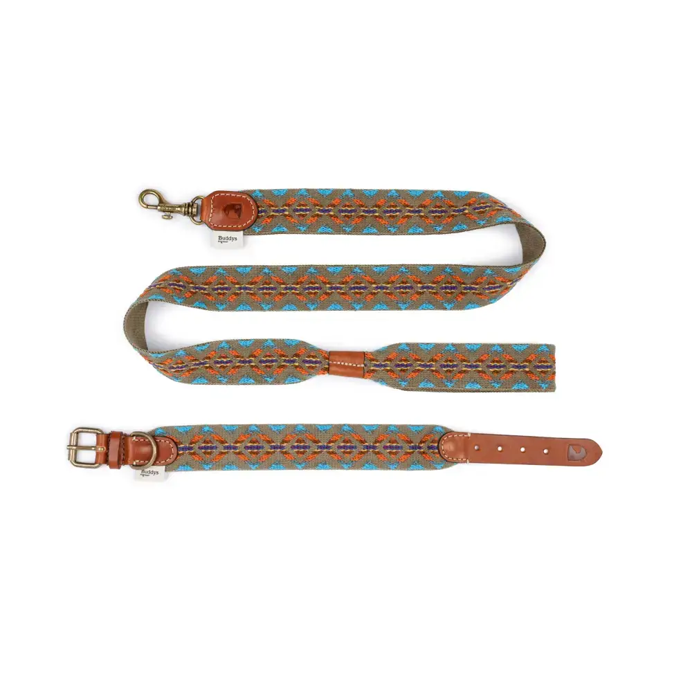 Perfektes Set: ETNA GREEN Hundehalsband mit passender Leine – hochwertiges Boho-Design für modebewusste Hundehalter.