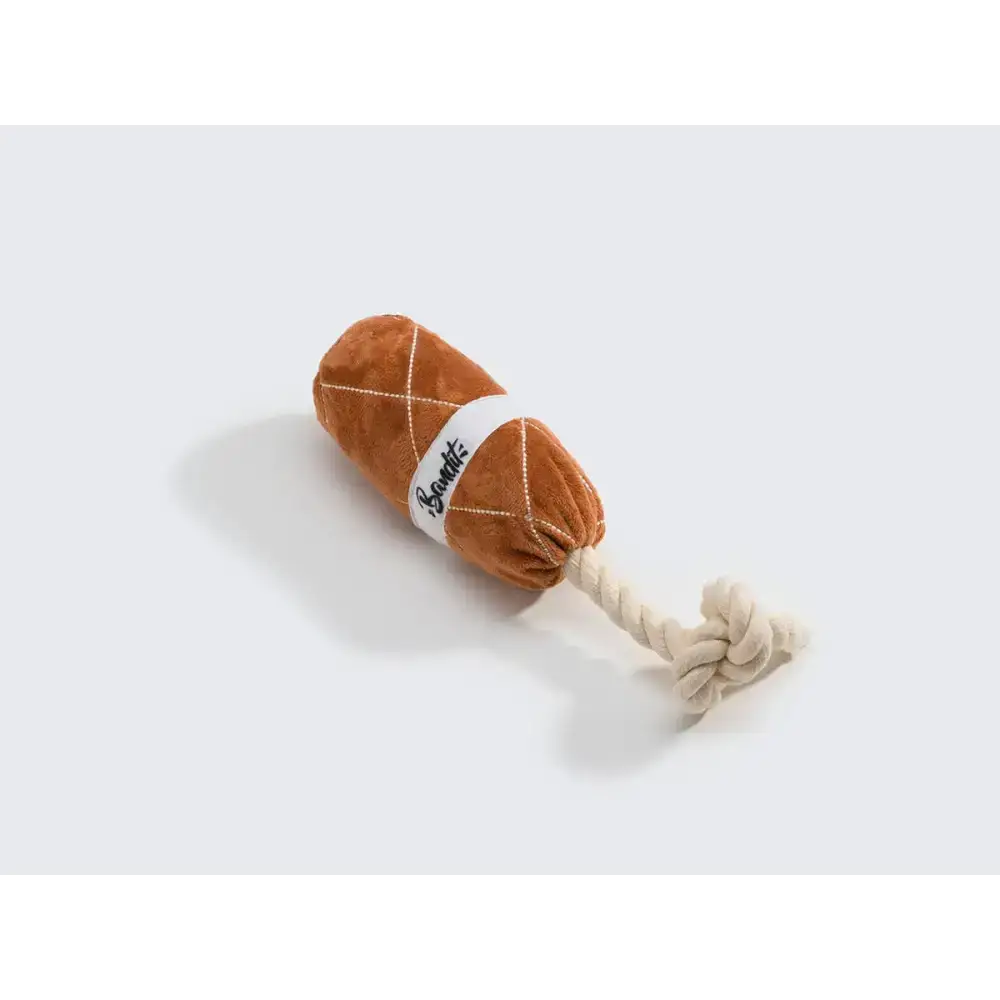 French Bandit Wurstspielzeug – weiches Plüschtier mit Quietscher und robustem Seil für Hunde.