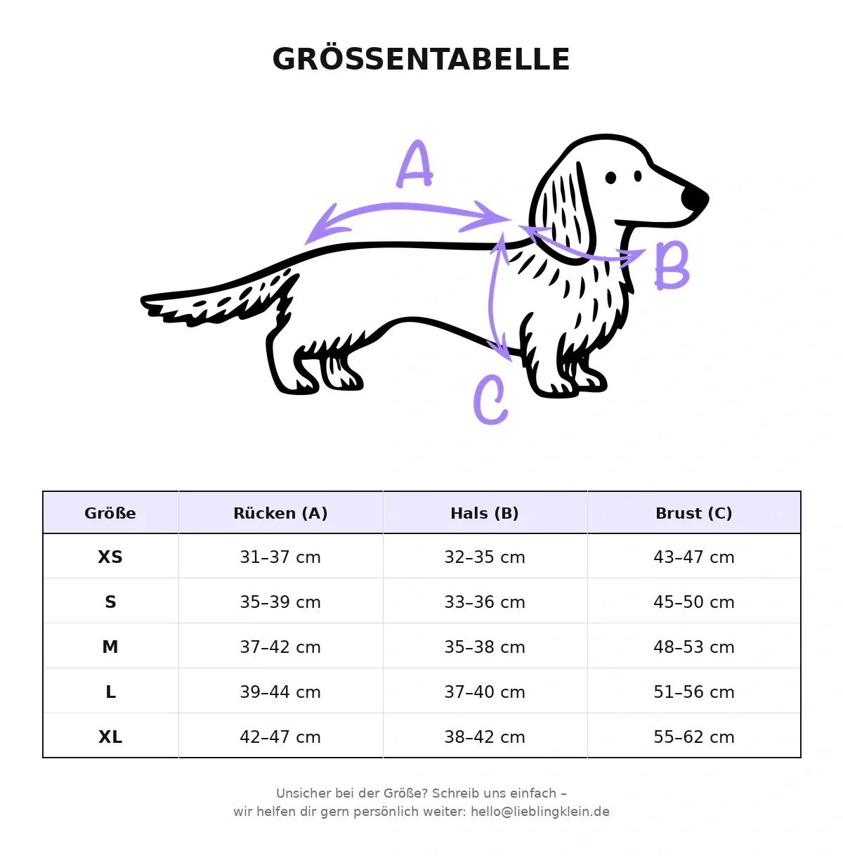 Größentabelle all over dackel Hundepullover für Dackel XS bis XL
