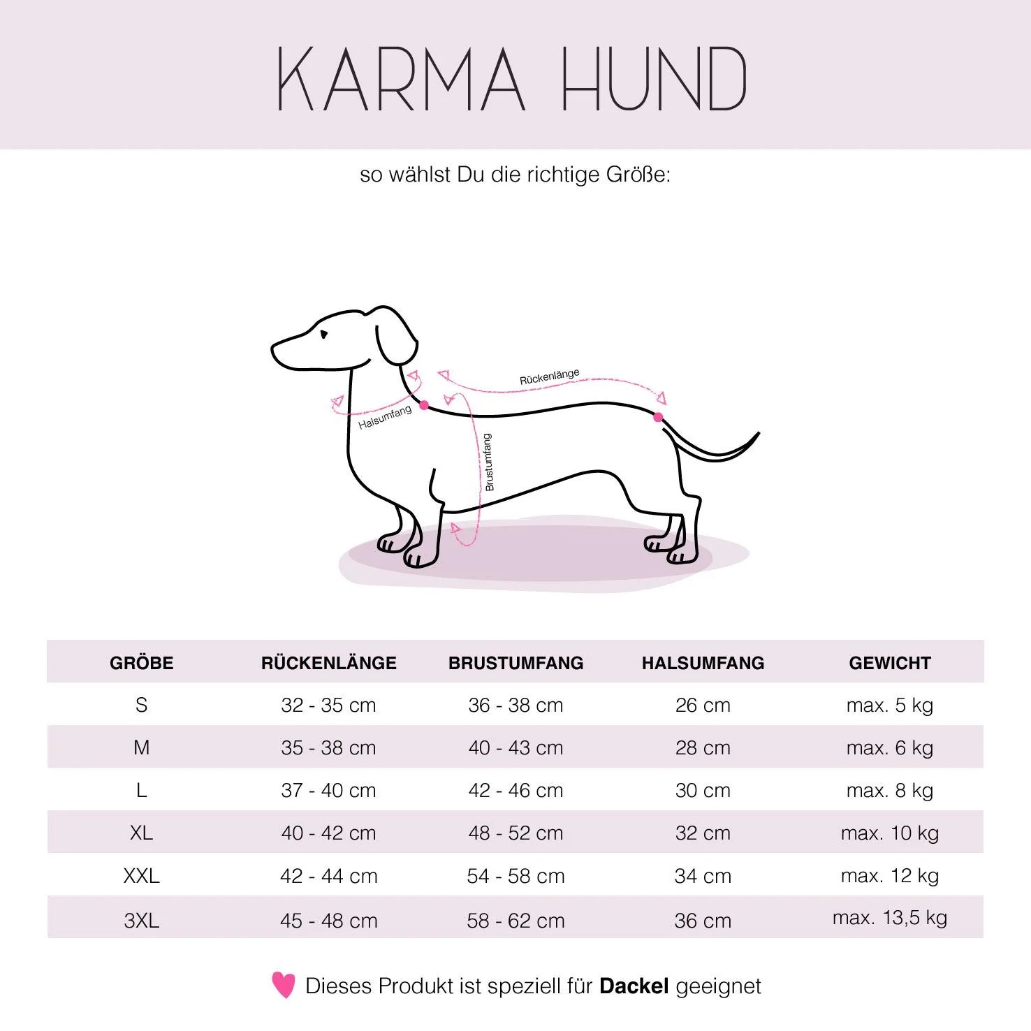 Größentabelle für das Long Shirt von Karma Hund – passgenau für Dackel und kleine Hunde mit langem Rücken