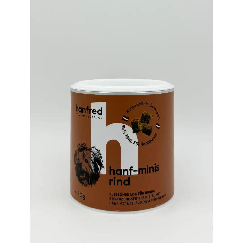 Hanf Minis Rind von Hanfred – natürliche Hundeleckerlis mit 95% Rindfleisch und 5% Hanfpulver zur Unterstützung von Verdauung und Wohlbefinden.