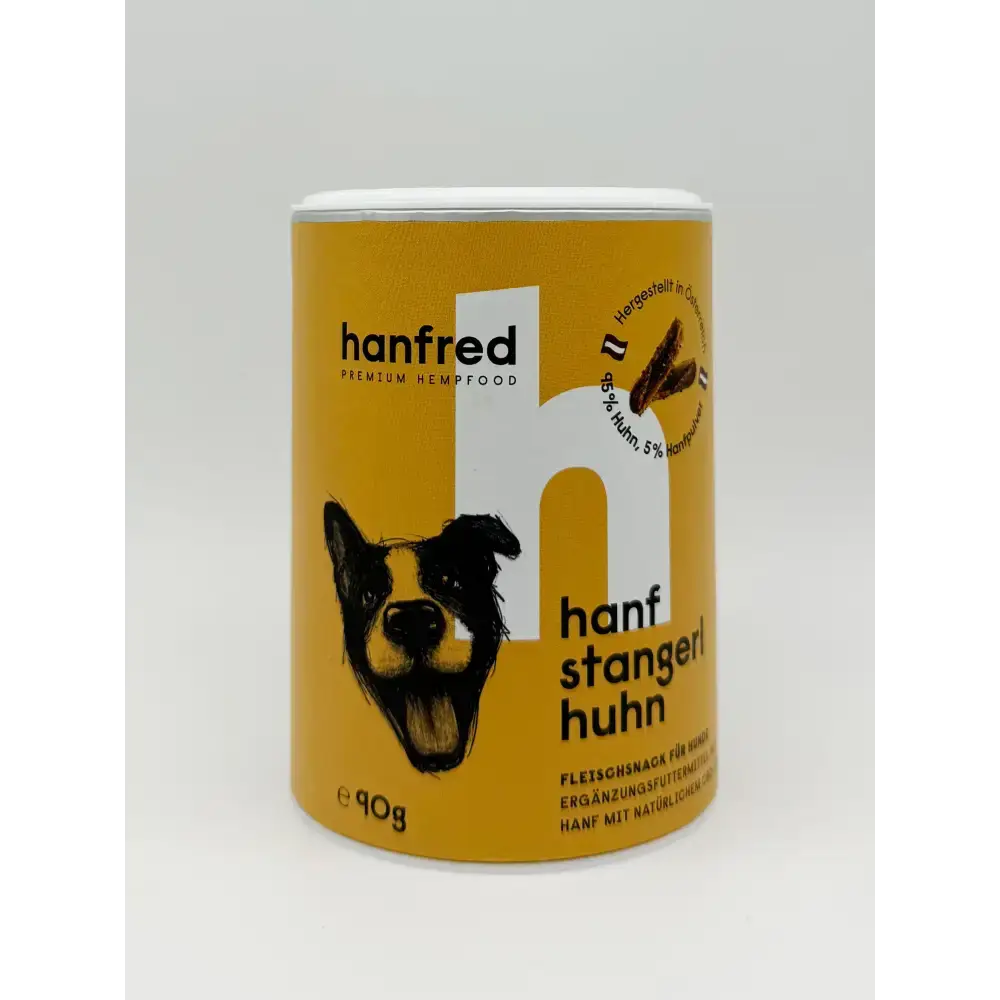 Hanf Stangerl Huhn von Hanfred – hochwertige Hundeleckerlis mit 95% Hühnerfleisch und 5% Hanfpulver für natürliche Unterstützung des Wohlbefindens.