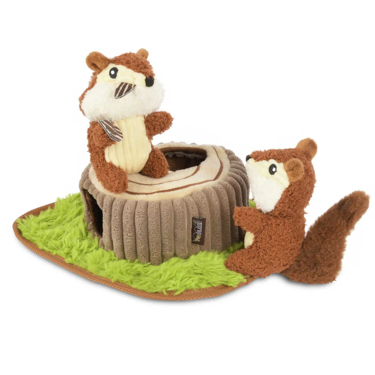 Zwei Streifenhörnchen im Baumstamm – interaktives Hundespielzeug von P.L.A.Y.