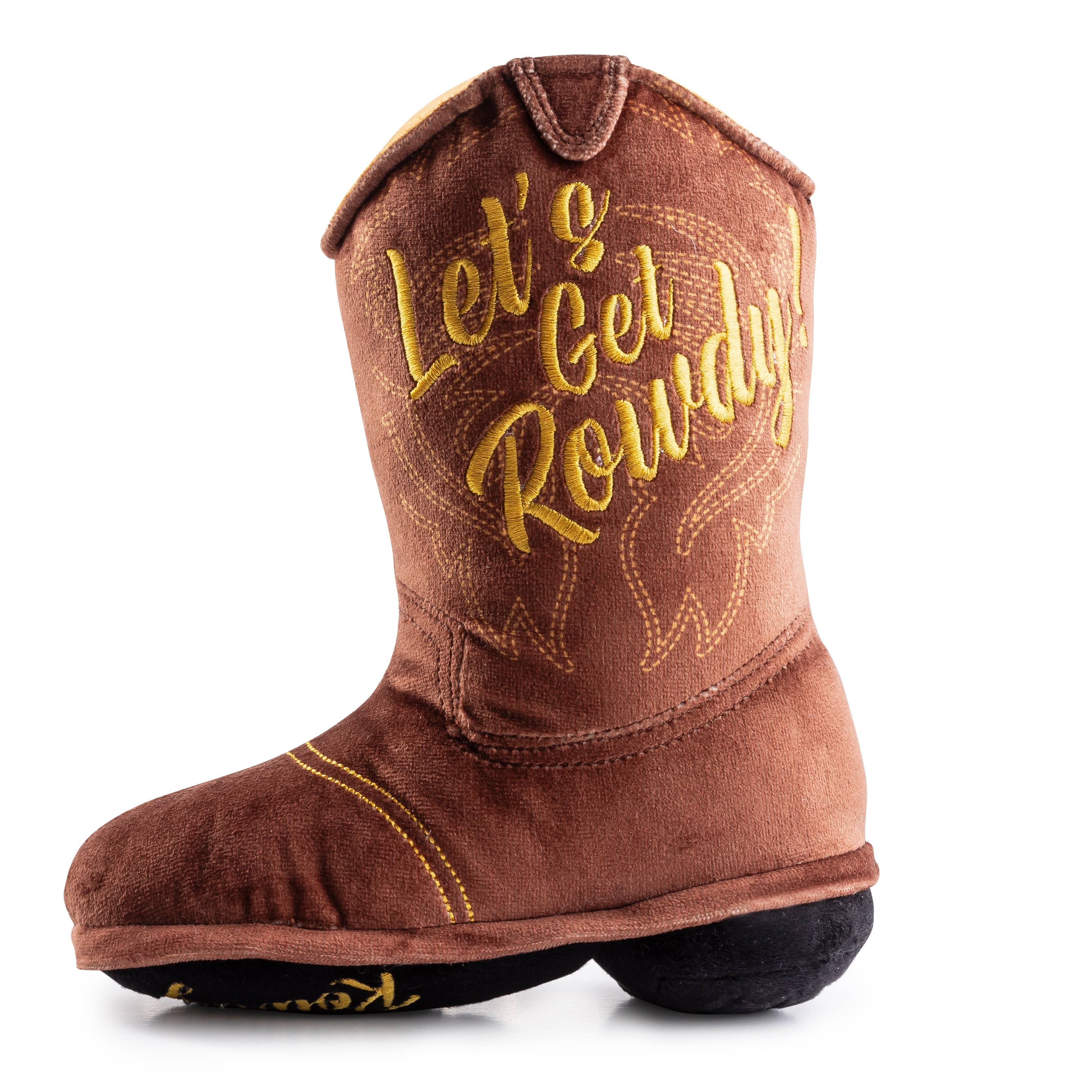 Cowboy-Stiefel Hundespielzeug von Haute Diggity Dog – Gesamtansicht in Braun mit Stickerei