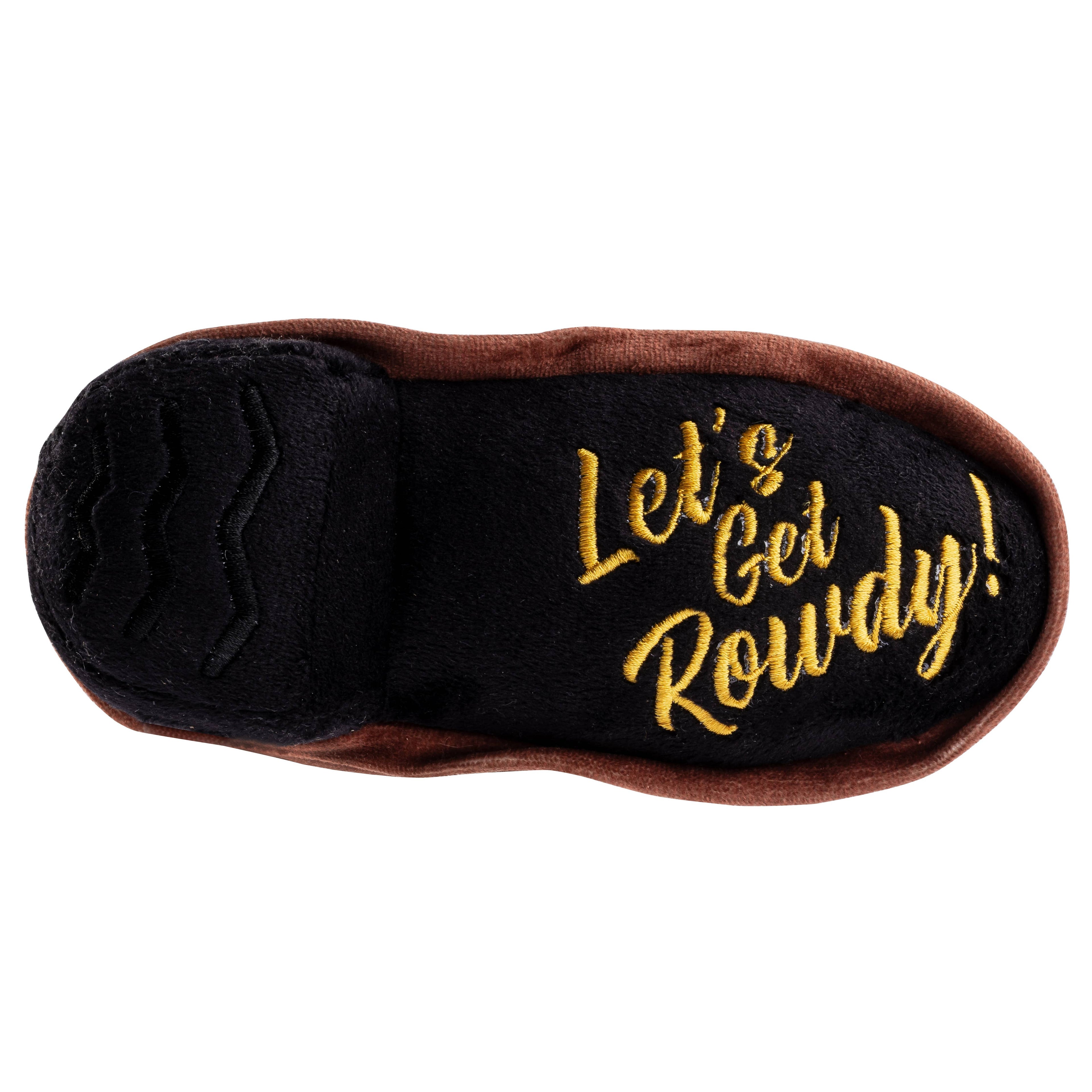 Detailaufnahme des Cowboy-Stiefel Hundespielzeugs mit robuster Netzstruktur und Plüsch