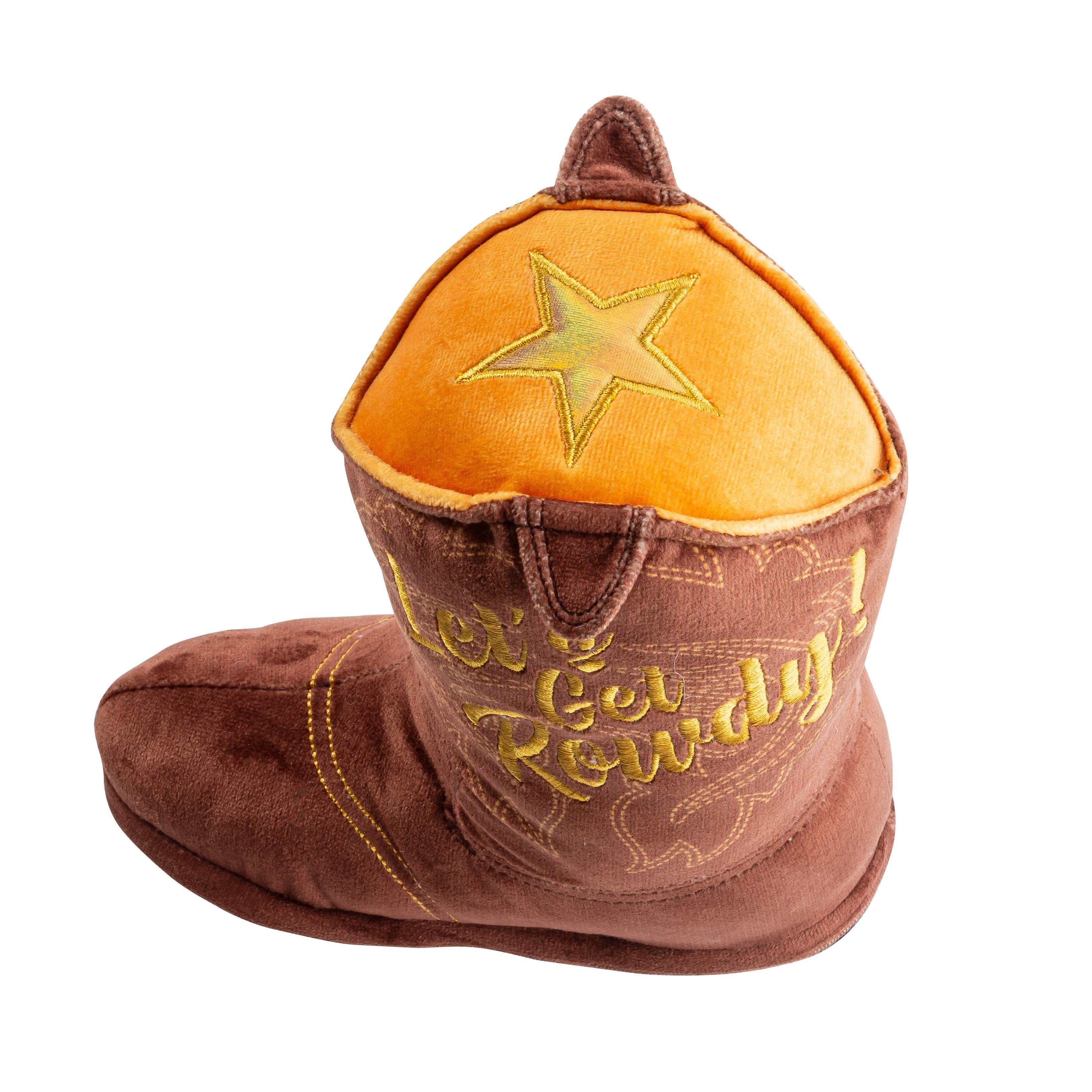 Detailaufnahme vom Cowboy-Stiefel Hundespielzeug mit Quietscher und Knisterelementen