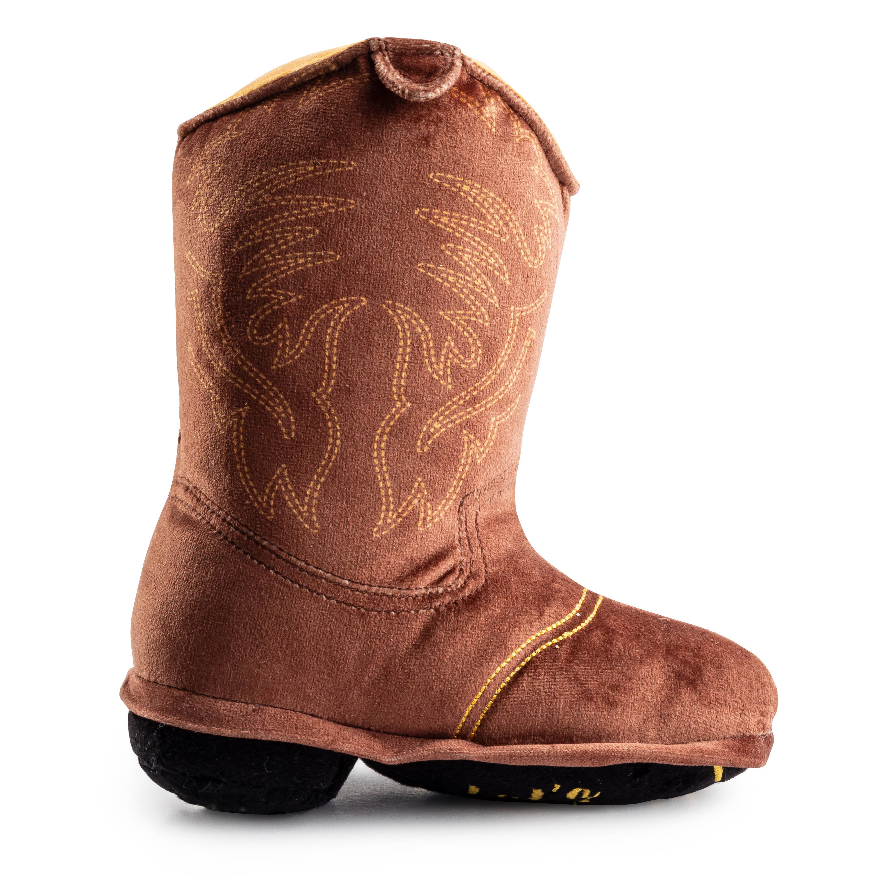 Seitenansicht des Cowboy-Stiefel Spielzeugs von Haute Diggity Dog mit sichtbarer Verarbeitung und Stickerei