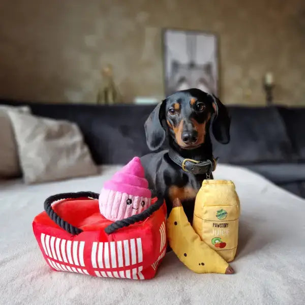 Weiches Hundespielzeug im Supermarkt-Look mit liebevollen Details und Quietsch-Funktion.
