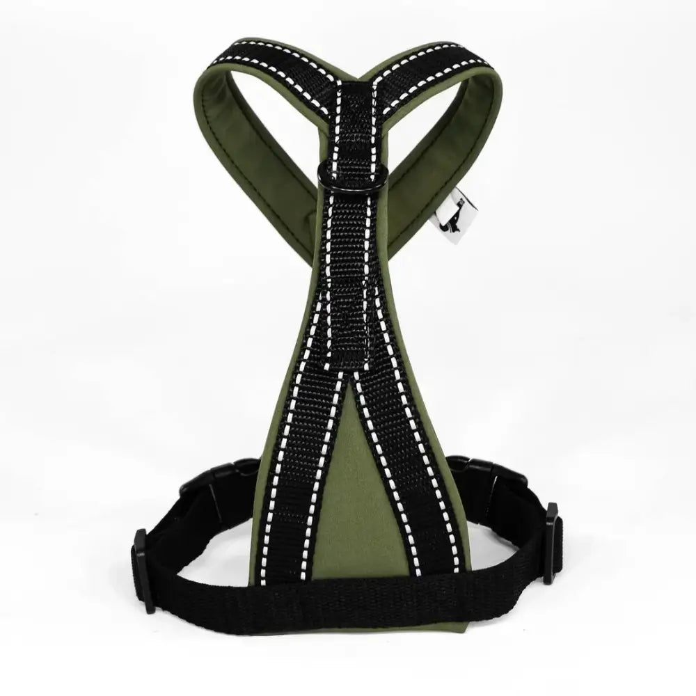 Detail des Karma Hund Dark Olive Hundegeschirrs – robuste D-Ringe für vielseitige Leinenbefestigung und sichere Führung.