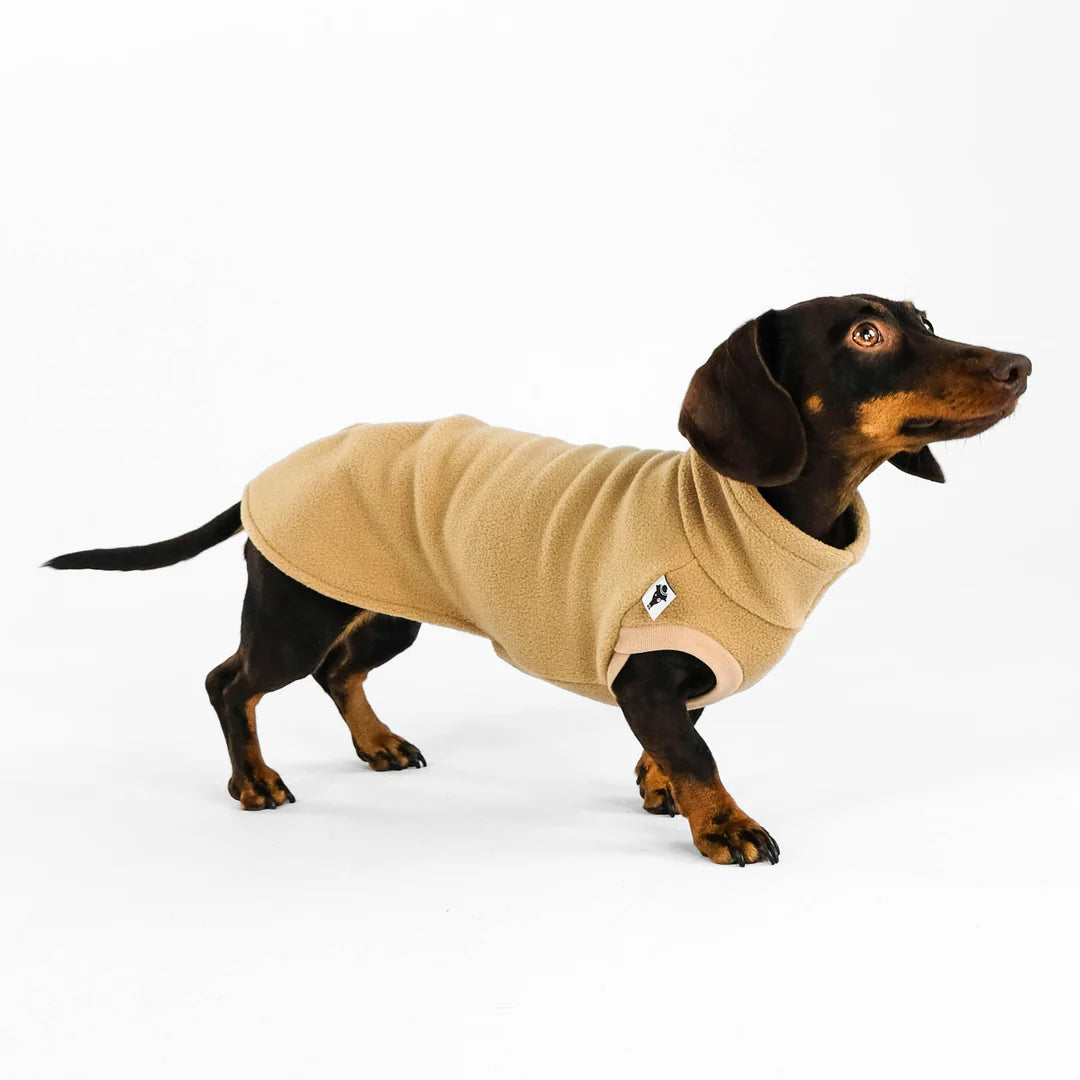 Dackel trägt Karma Hund Long Shirt aus Polar Fleece in Camel – Seitenansicht, dackelgerechter Schnitt