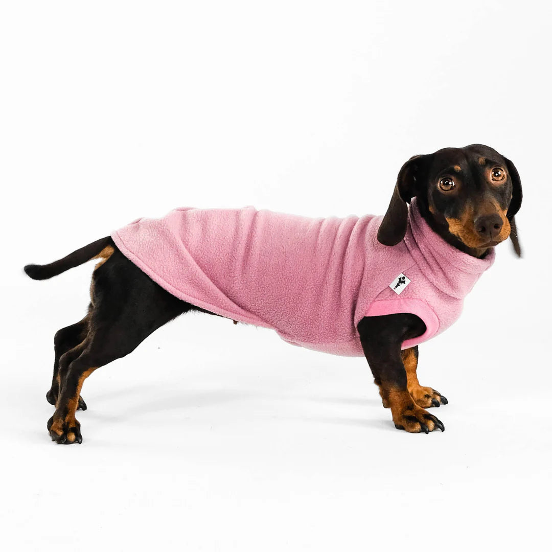 Dackel trägt Karma Hund Long Shirt in Mulberry – Seitenansicht, dackelgerechter Schnitt aus Polar Fleece