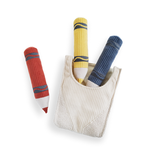 Drei bunte Plüsch-Buntstifte von Lambwolf Collective in knisternder Snackbox – interaktives Schnüffelspielzeug für Hunde