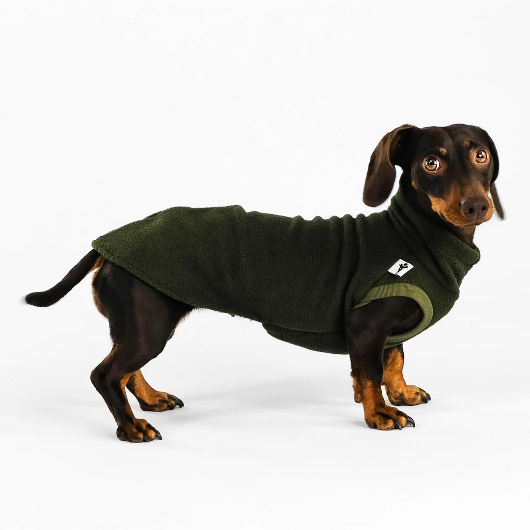 Dackel trägt Long Shirt aus Fleece in Dark Olive von Karma Hund – perfekt sitzend, bequem und stilvoll