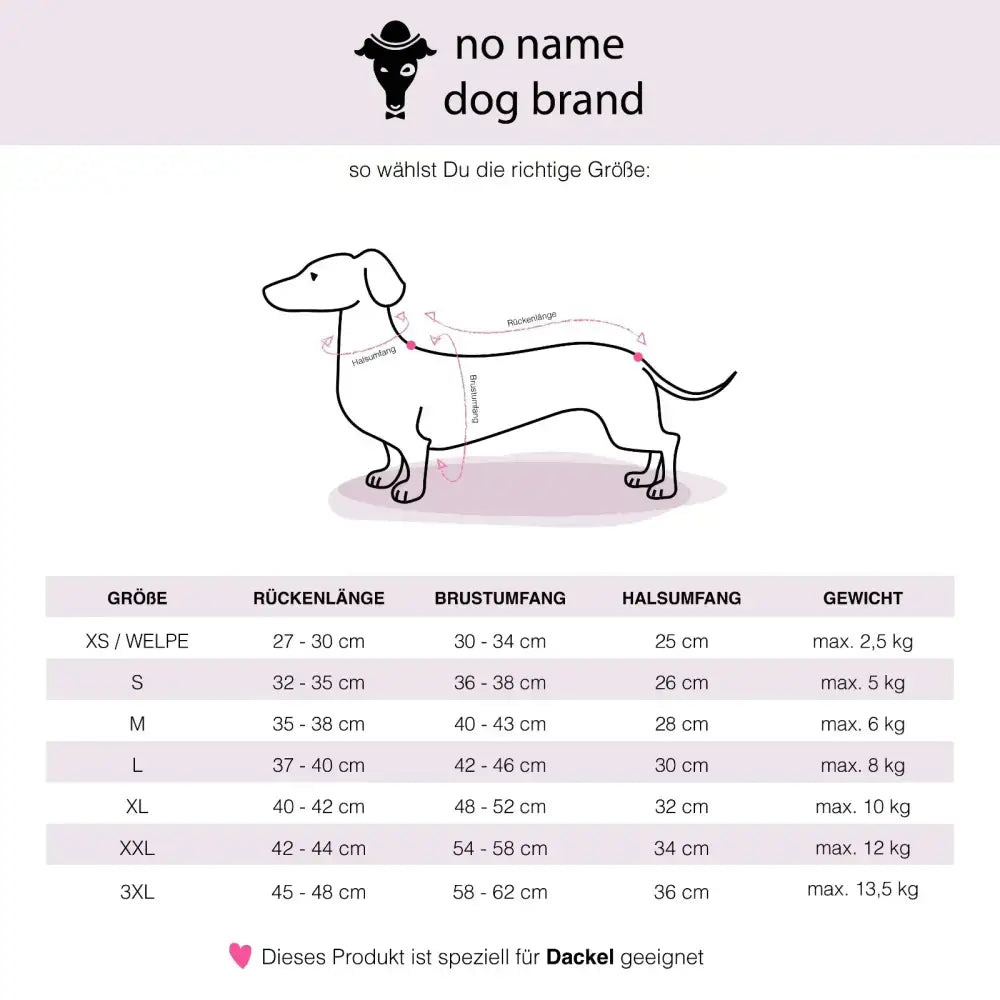 Long Shirt für Dackel Bubblegum - Hundepullover Größentabelle