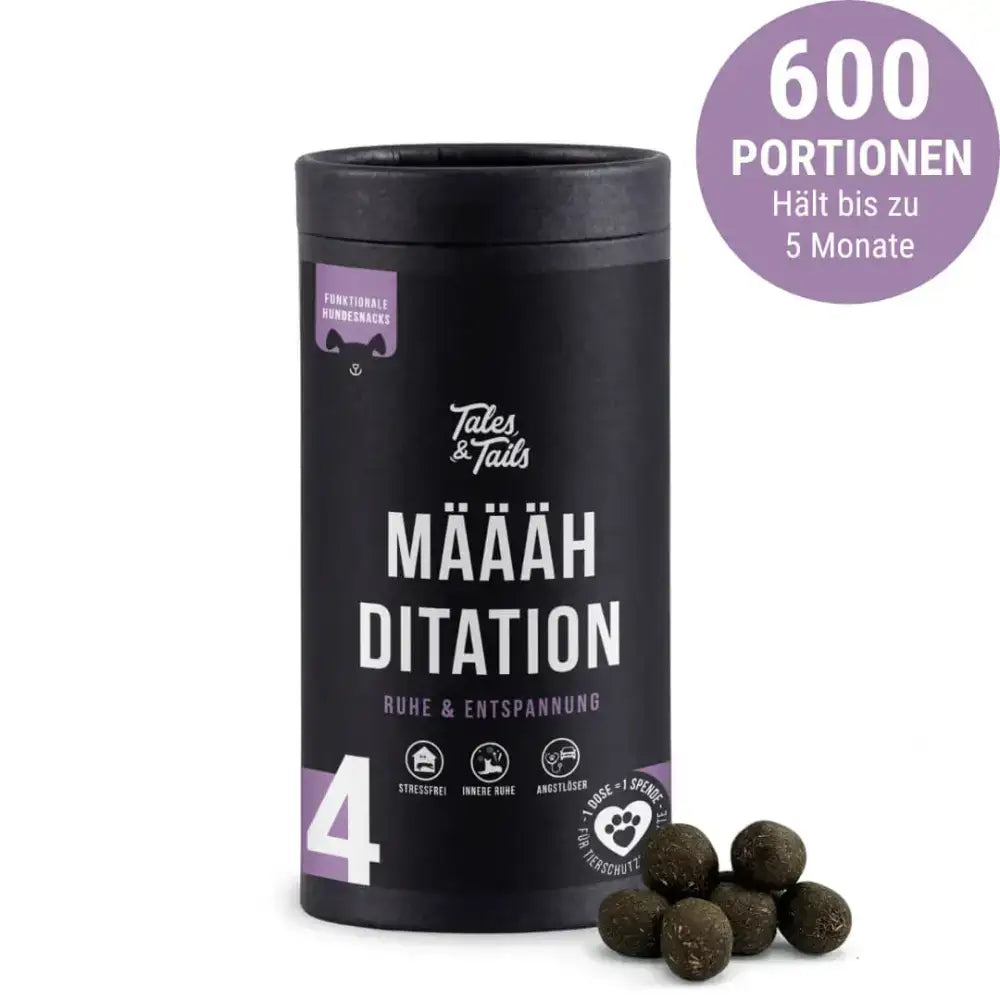 Määähditation von Tales & Tails – funktionaler Snack für entspannte Hunde in stilvoller 325 g-Dose