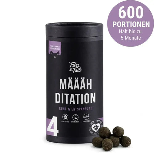 Määähditation von Tales & Tails – funktionaler Snack für entspannte Hunde in stilvoller 325 g-Dose