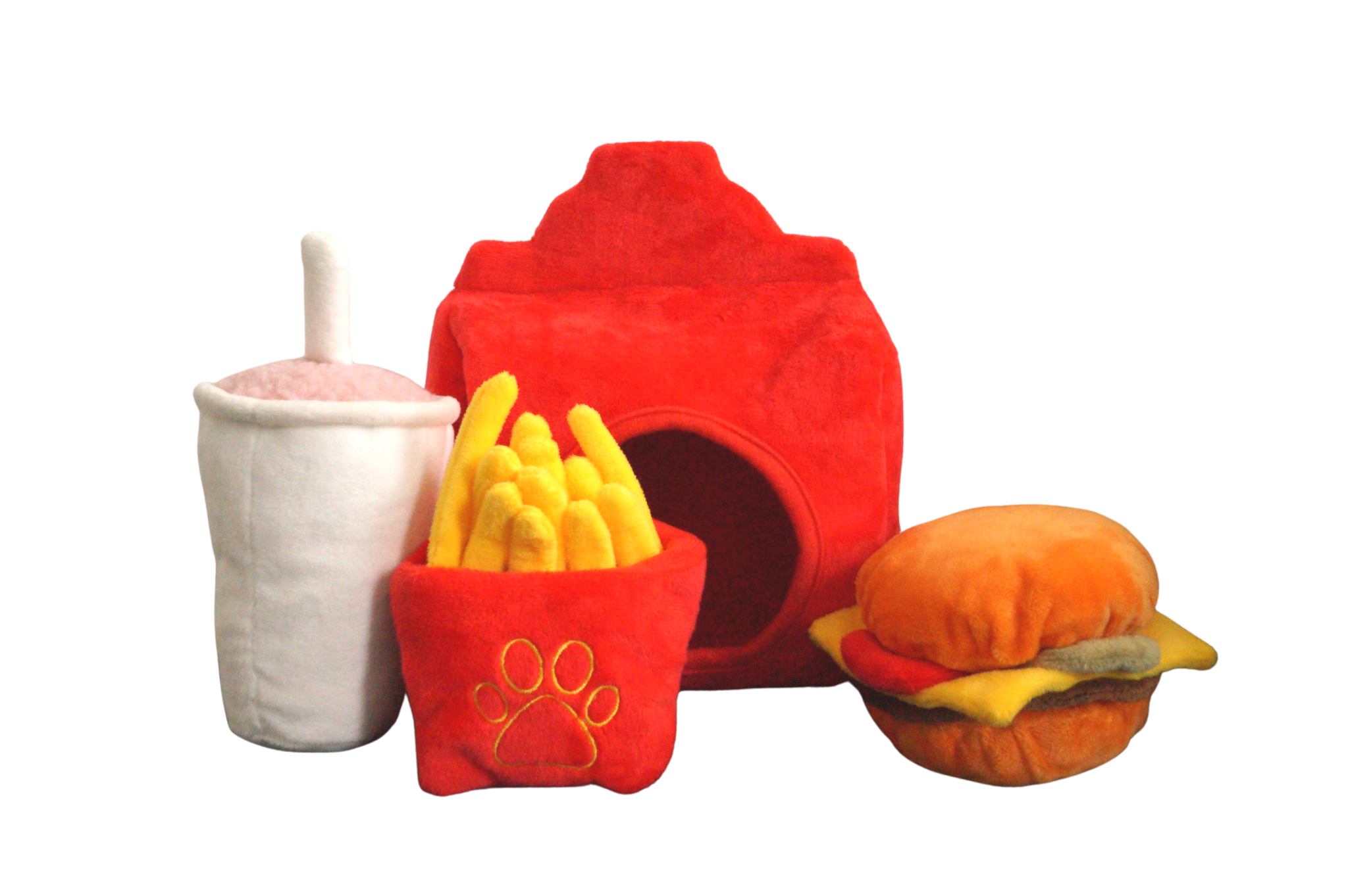 Pawstory Mc Puppy Meal – liebevoll gestaltetes Hundespielzeug-Set mit Burger, Pommes & Milchshake für stylische Snack-Spielzeit