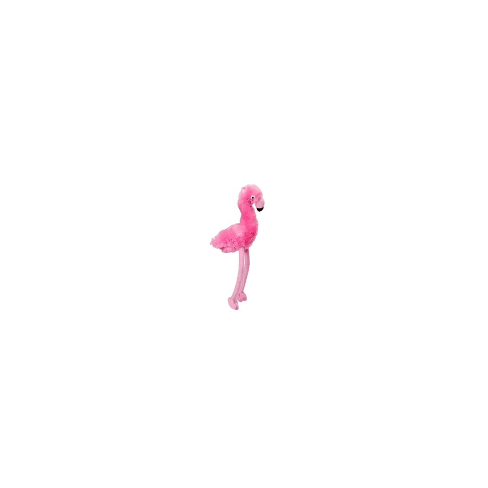 Detailansicht des Mommy Flamingo Hundespielzeugs – lange baumelnde Beine und knisternde Stoffstruktur für extra Spielspaß.