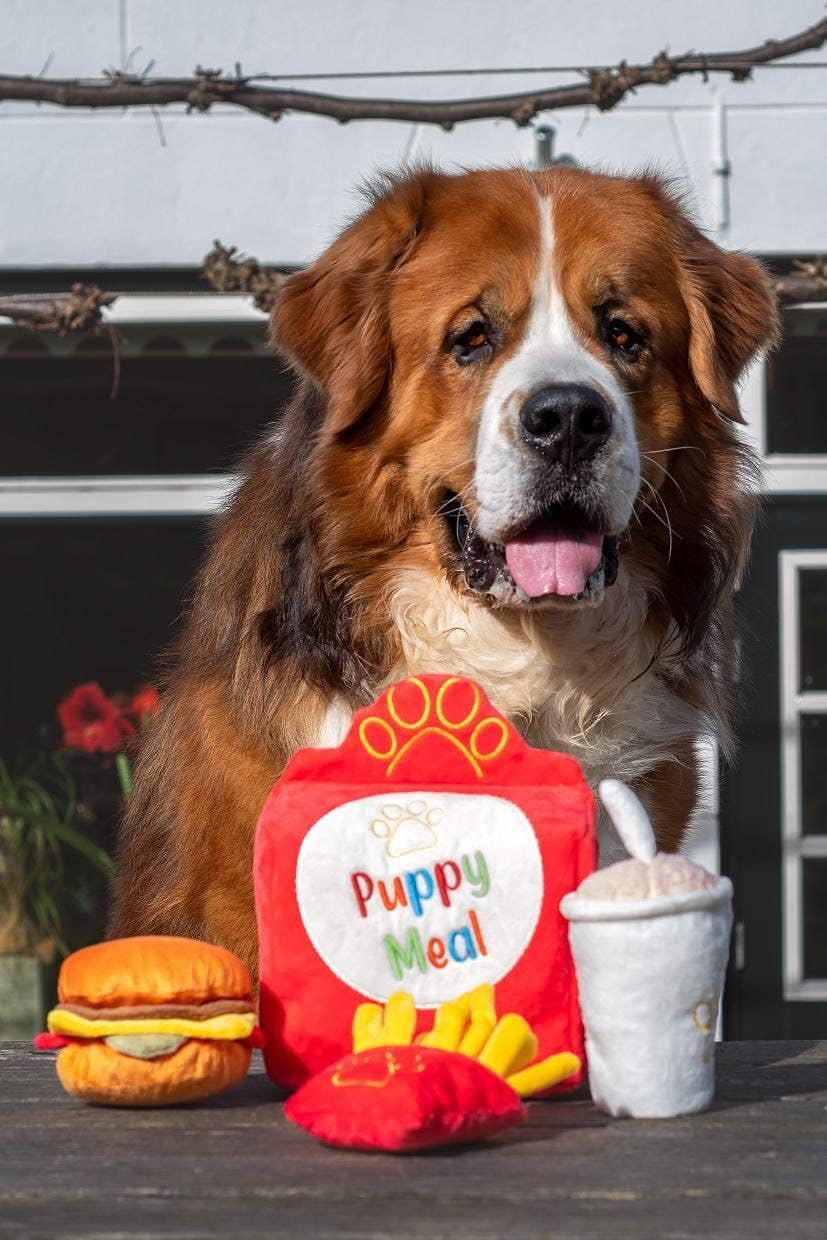 Mc Puppy Meal Spielzeug für Hunde – robustes & kuscheliges Fastfood-Set mit Knisterfolie & Quietschie