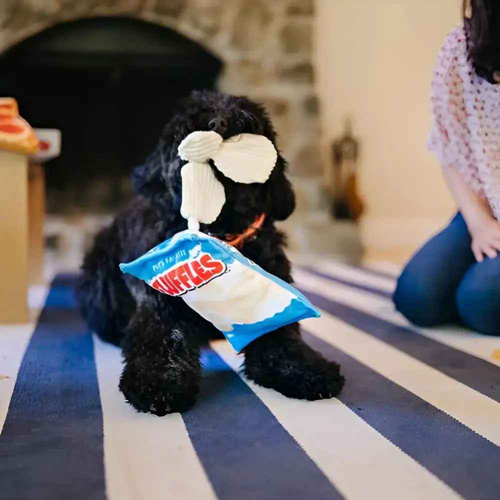 Hund genießt den interaktiven Spielspaß mit den P.L.A.Y Fluffles Chips – herausziehbare Chips, versteckte Leckerli-Option und weiches Plüschdesign.
