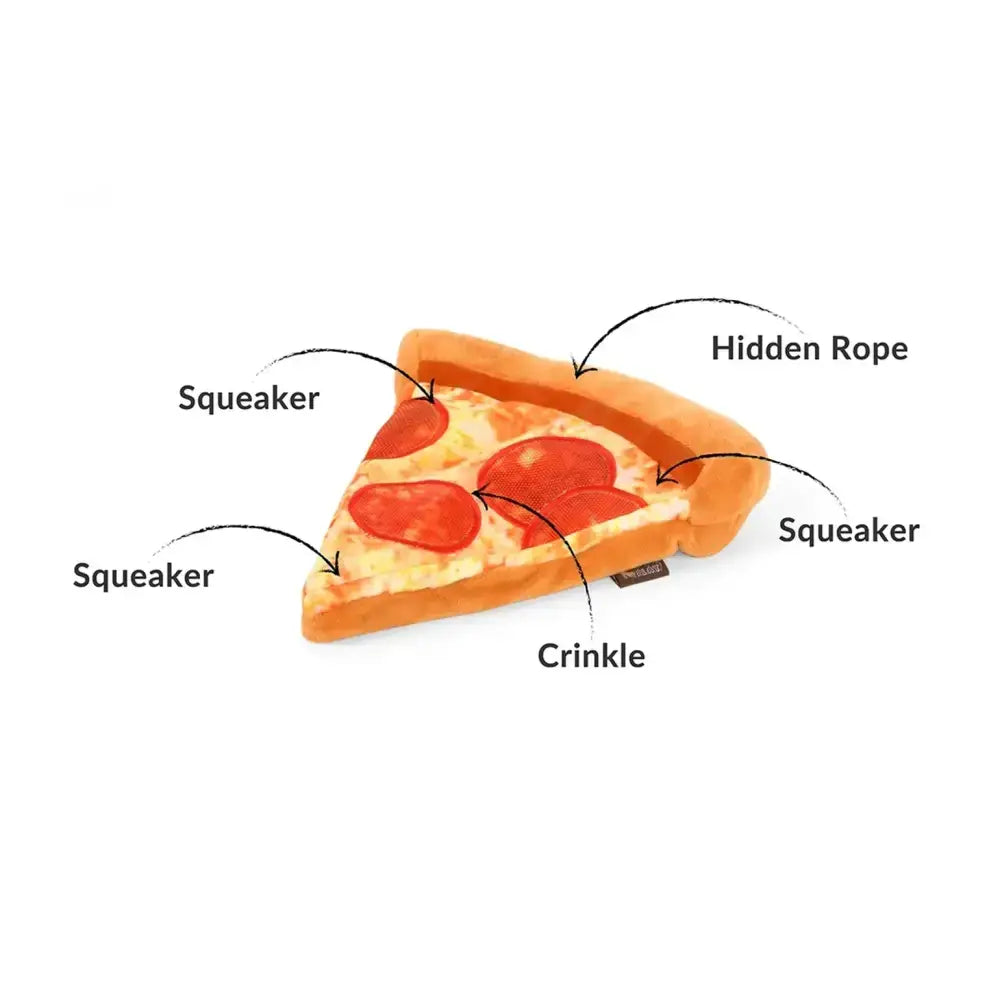 Detailansicht des P.L.A.Y Puppy-Roni Pizza Spielzeugs – robuste Verarbeitung mit doppelten Nähten und interaktiven Spielelementen.
