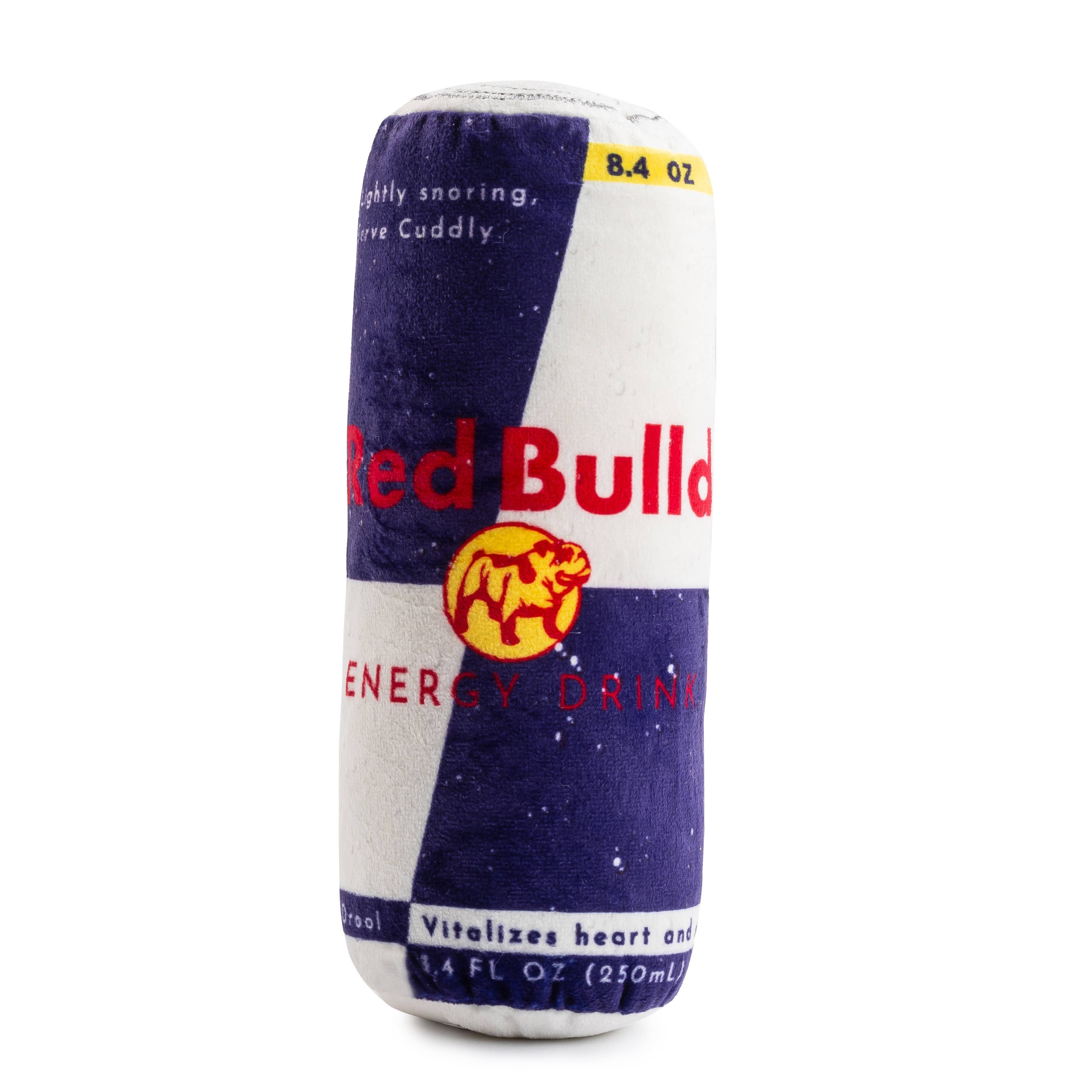 Red Bulldog Energy Drink Hundespielzeug – Frontansicht in Plüsch von Haute Diggity Dog