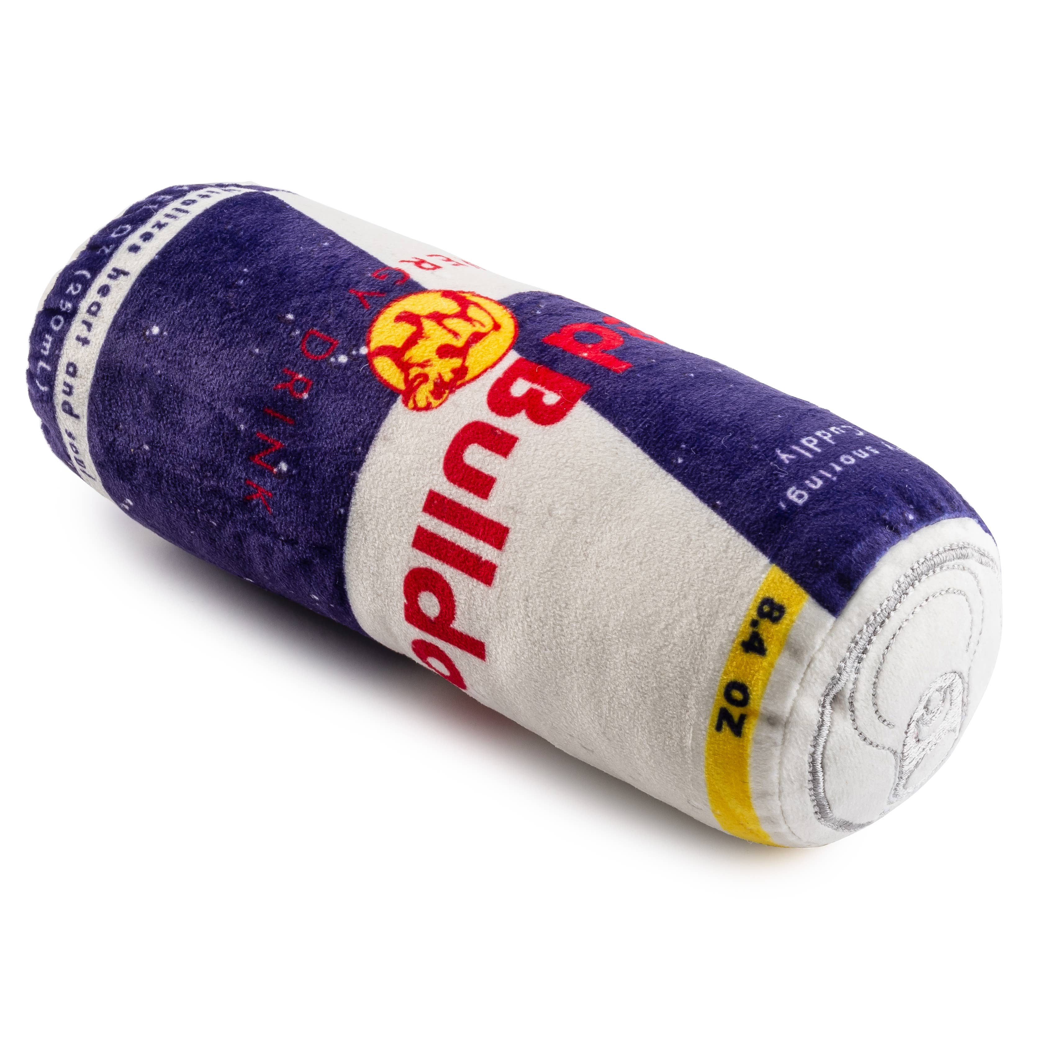 Rückansicht des Red Bulldog Energy Drink Hundespielzeugs – weiches Plüschdesign für kleine Hunde