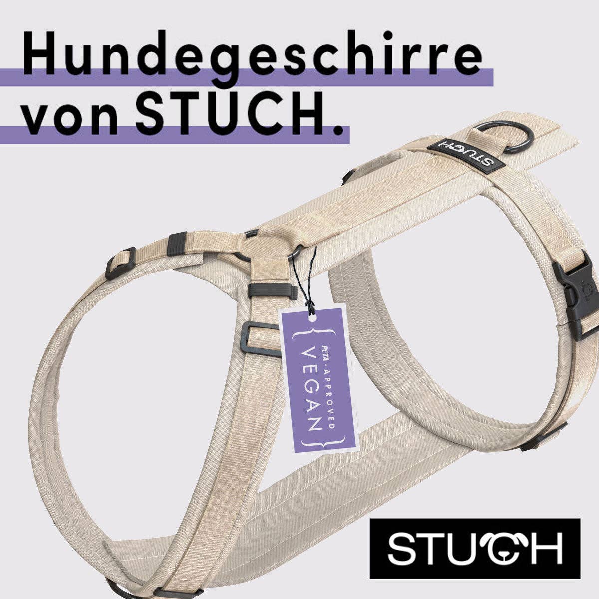 STUCH Hundegeschirr in Beige – Detailansicht mit verstellbaren Riemen und Metallverschluss