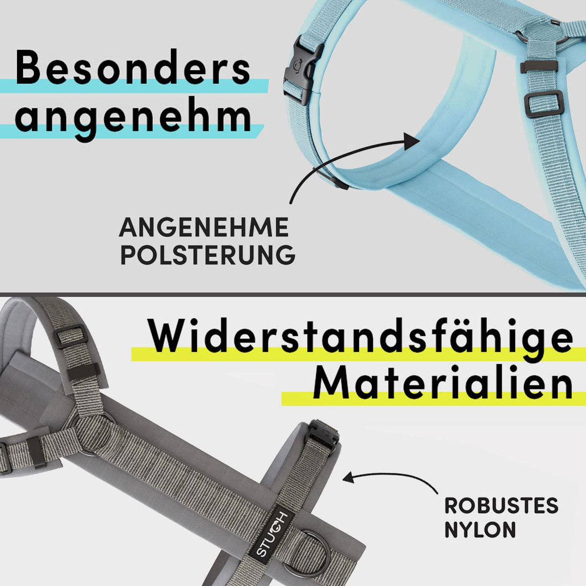 Vorteile des STUCH Geschirrs in Beige – leicht, verstellbar, atmungsaktiv & pfotengetestet