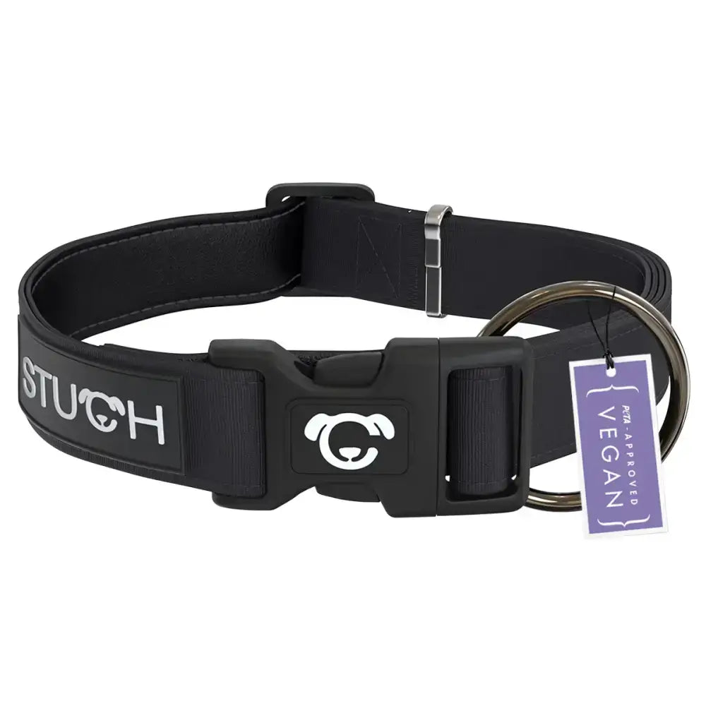 Detailansicht des STUCH Hundehalsbands in Schwarz – weiches, gepolstertes Nylon mit hochwertigen Metallverschlüssen für maximalen Tragekomfort und Sicherheit.