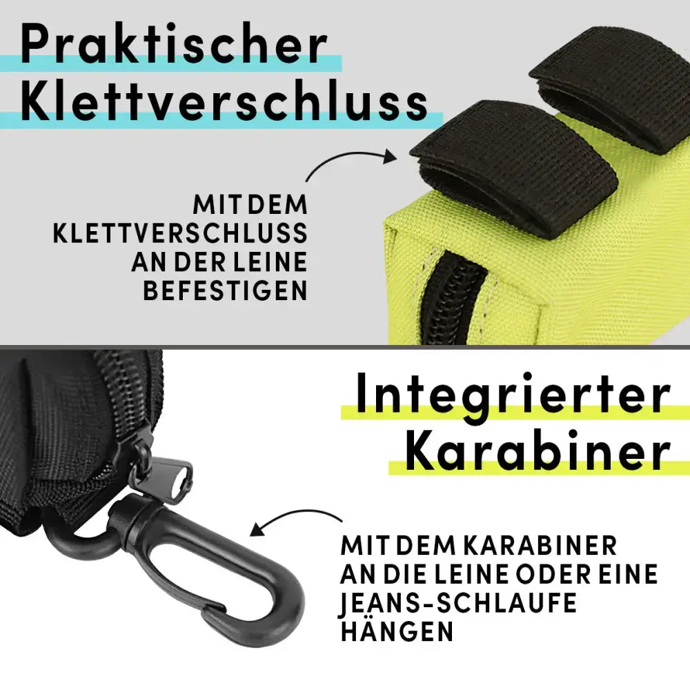 STUCH Hundekotbeutelspender mit vielseitigen Befestigungsmöglichkeiten – einfach an Hundeleine, Gürtel oder Tasche zu befestigen.