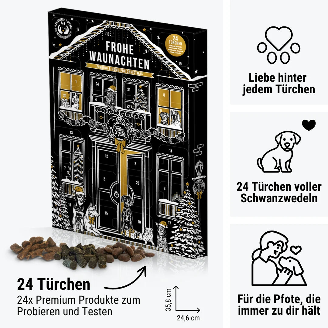 Geöffneter Hunde Adventskalender mit natürlichen Snacks von Tales & Tails